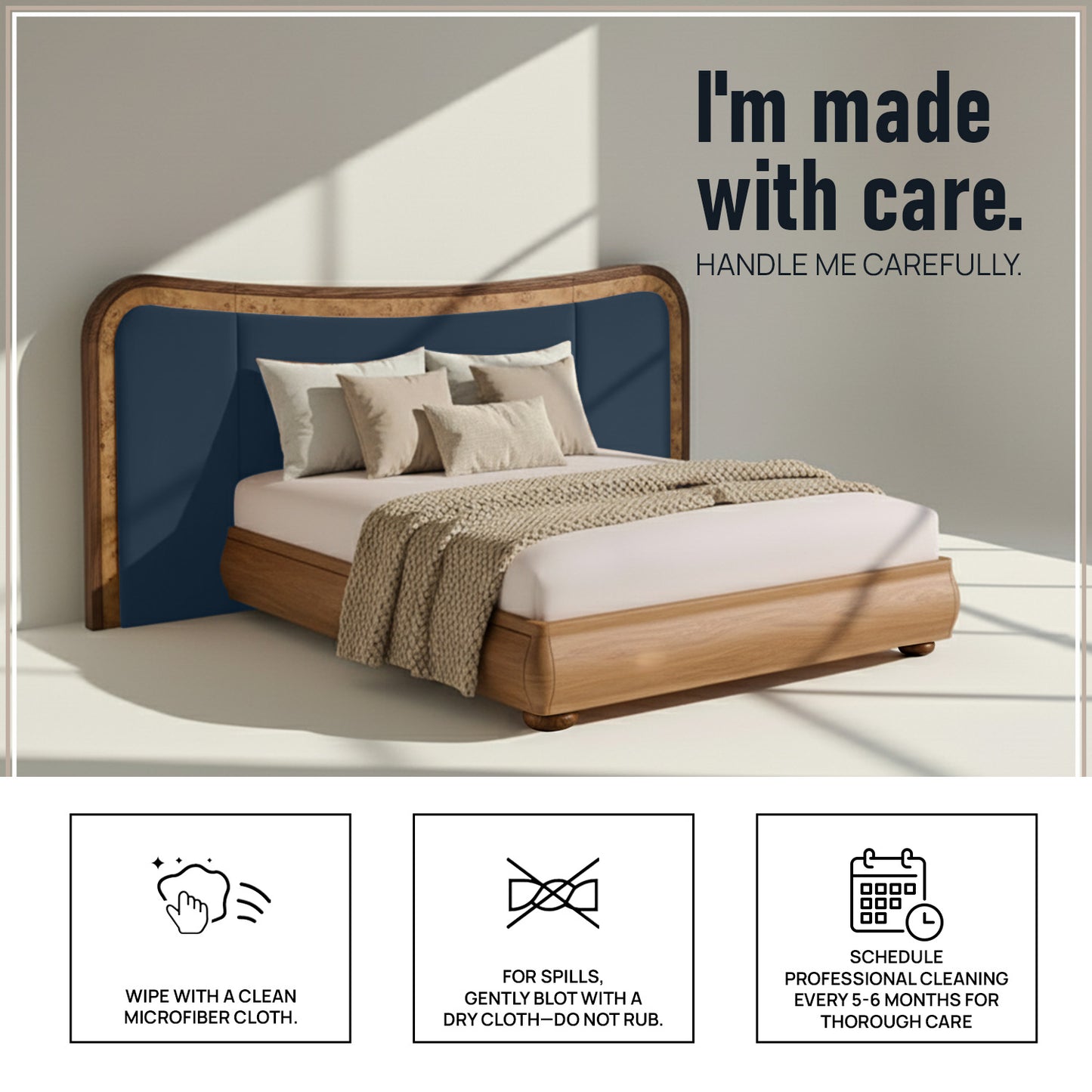 Elowen Softline Queen Size Bed in Blue Grey Velvet with Oak wood Frame & Hydraulic Storage