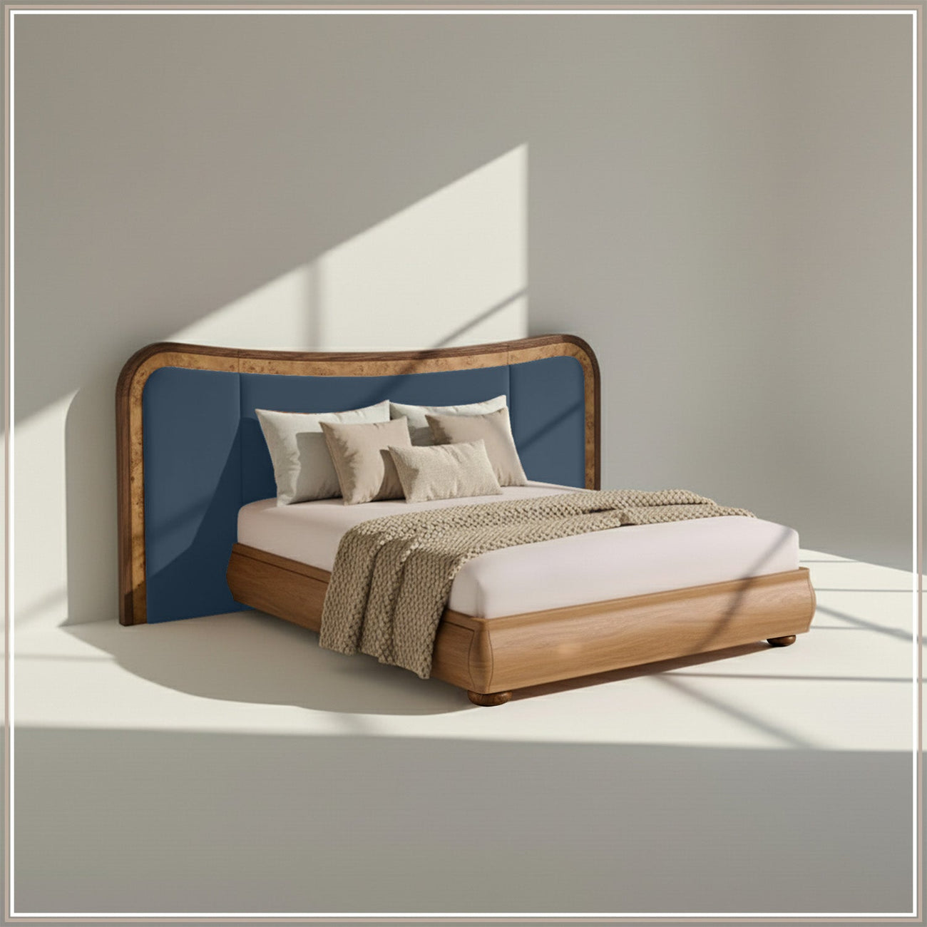 Elowen Softline Queen Size Bed in Blue Grey Velvet with Oak wood Frame & Hydraulic Storage