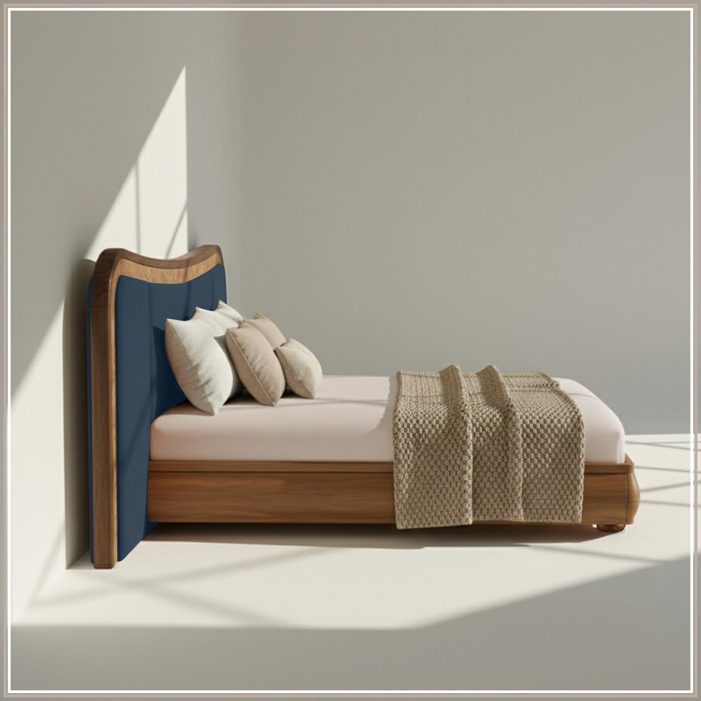 Elowen Softline Queen Size Bed in Blue Grey Velvet with Oak wood Frame & Hydraulic Storage