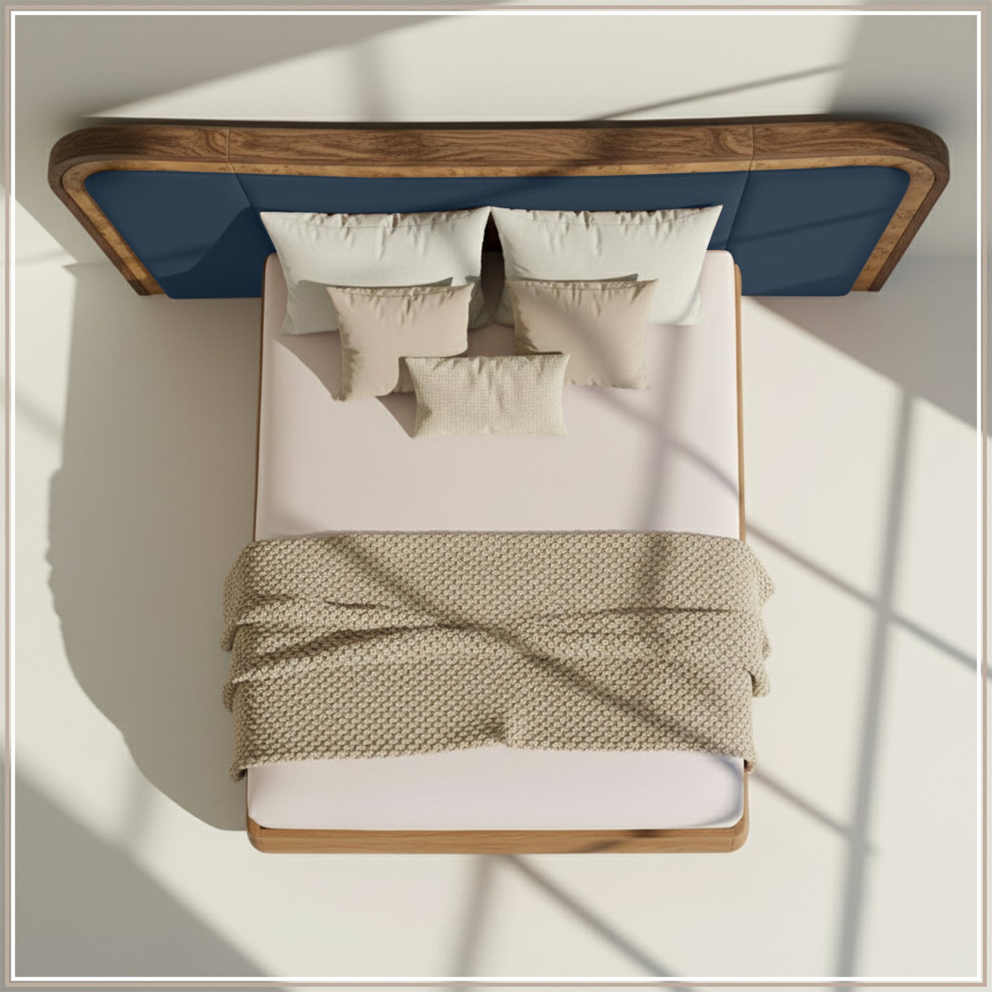 Elowen Softline King Size Bed in Blue Grey velvet With Oak wood Frame & Hydraulic Storage