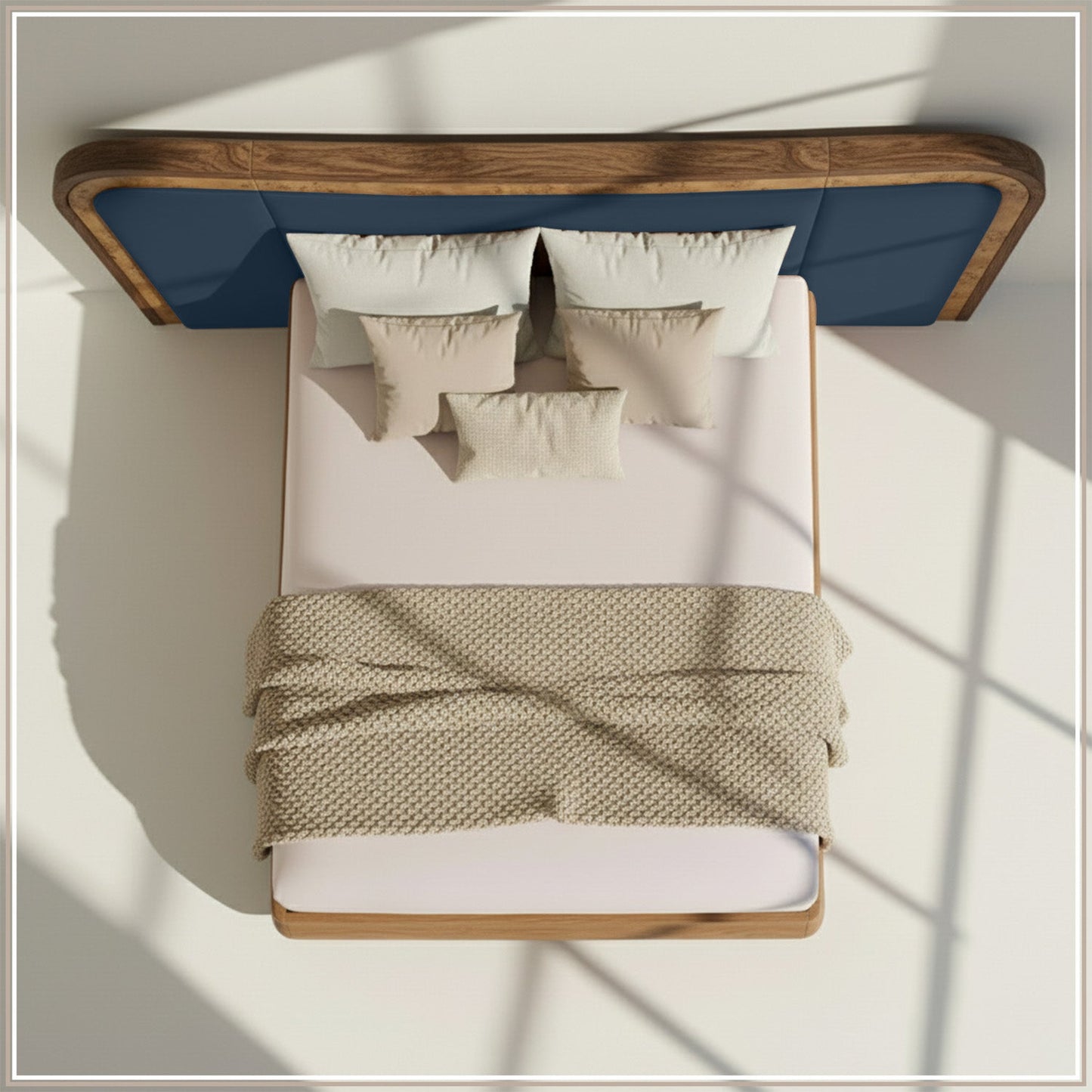 Elowen Softline Queen Size Bed in Blue Grey Velvet with Oak wood Frame & Hydraulic Storage