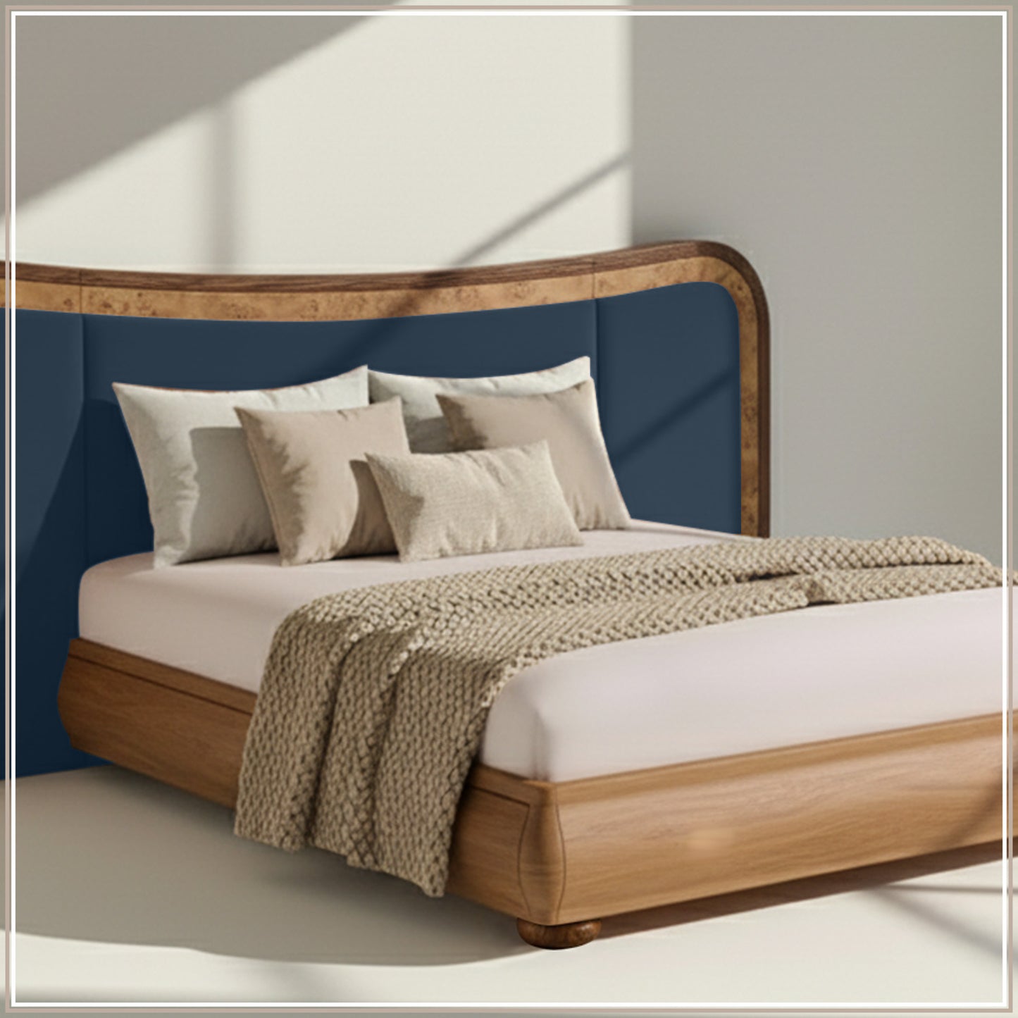 Elowen Softline Queen Size Bed in Blue Grey Velvet with Oak wood Frame & Hydraulic Storage