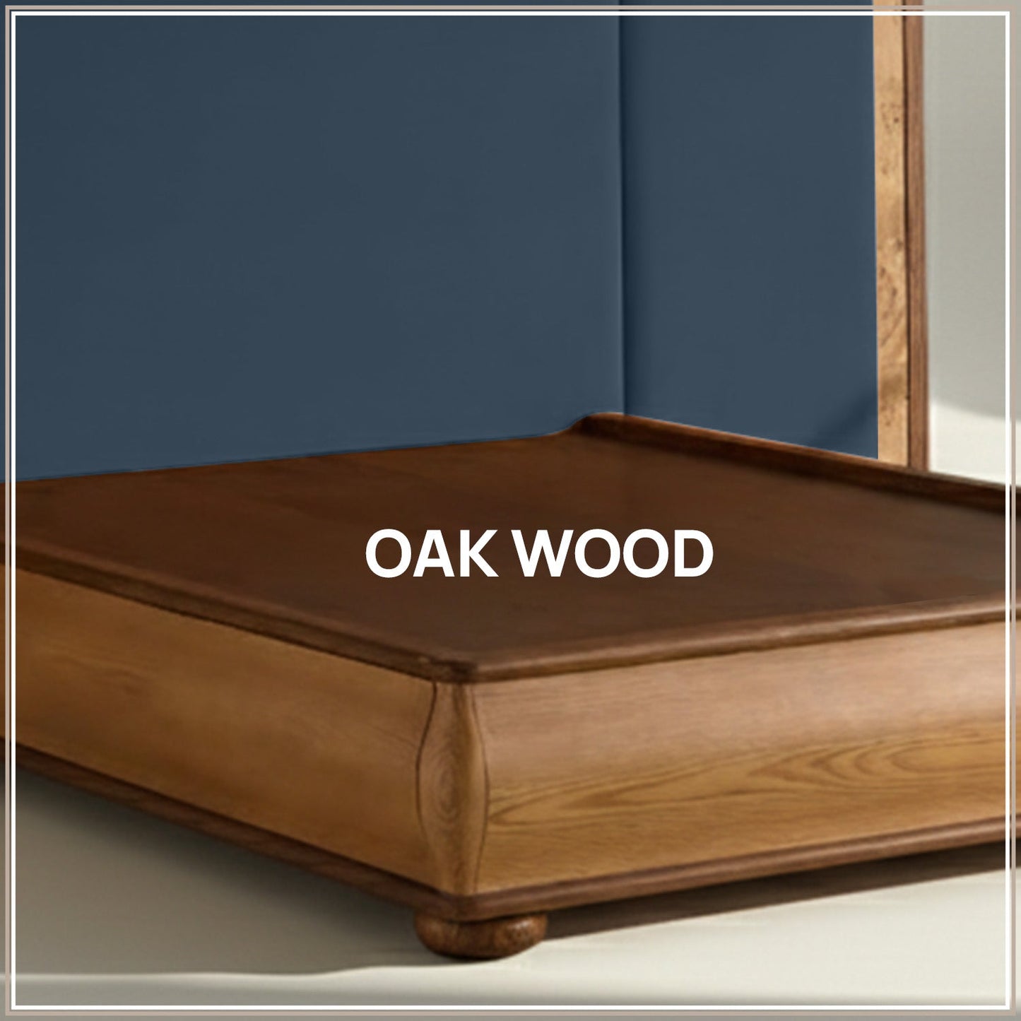 Elowen Softline King Size Bed in Blue Grey velvet With Oak wood Frame & Hydraulic Storage