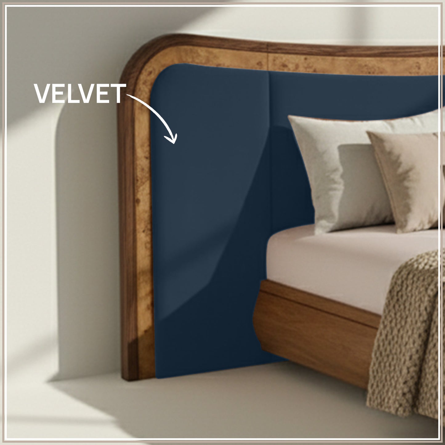 Elowen Softline Queen Size Bed in Blue Grey Velvet with Oak wood Frame & Hydraulic Storage