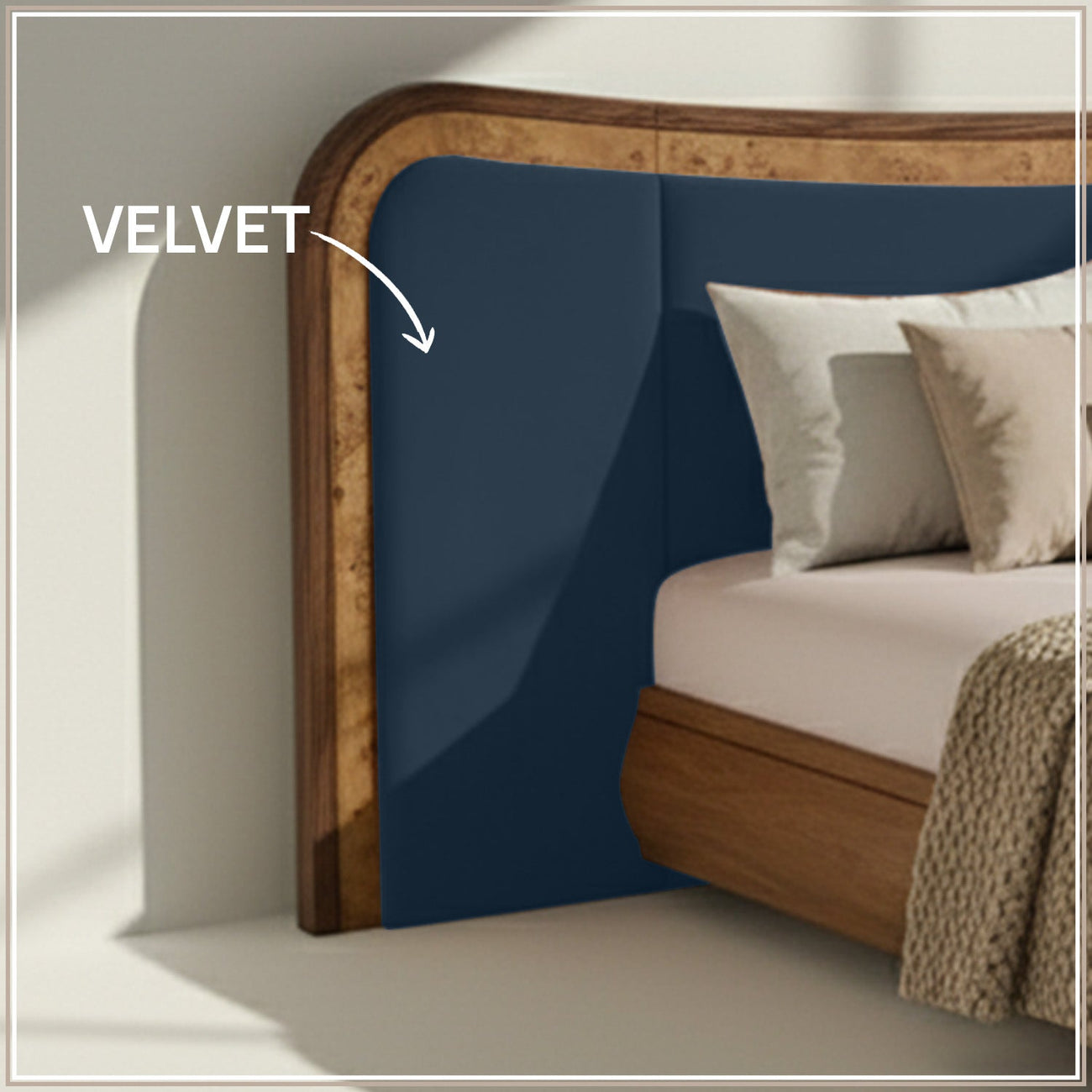 Elowen Softline King Size Bed in Blue Grey velvet With Oak wood Frame & Hydraulic Storage