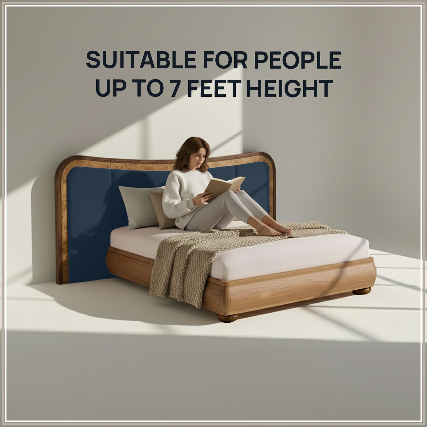 Elowen Softline King Size Bed in Blue Grey velvet With Oak wood Frame & Hydraulic Storage