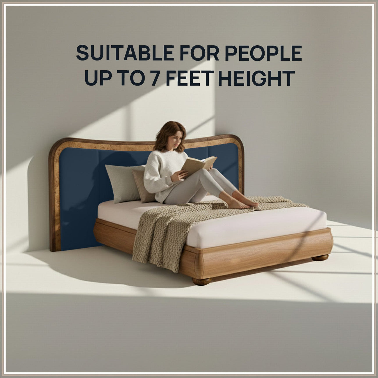 Elowen Softline King Size Bed in Blue Grey velvet With Oak wood Frame & Hydraulic Storage