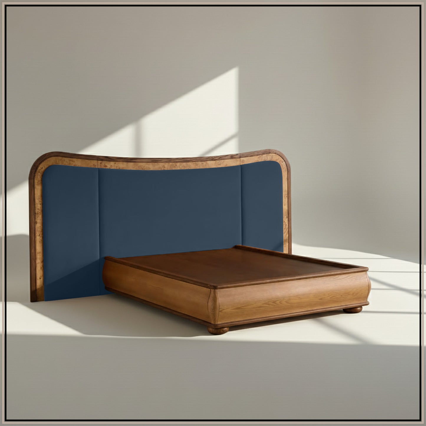 Elowen Softline Queen Size Bed in Blue Grey Velvet with Oak wood Frame & Hydraulic Storage