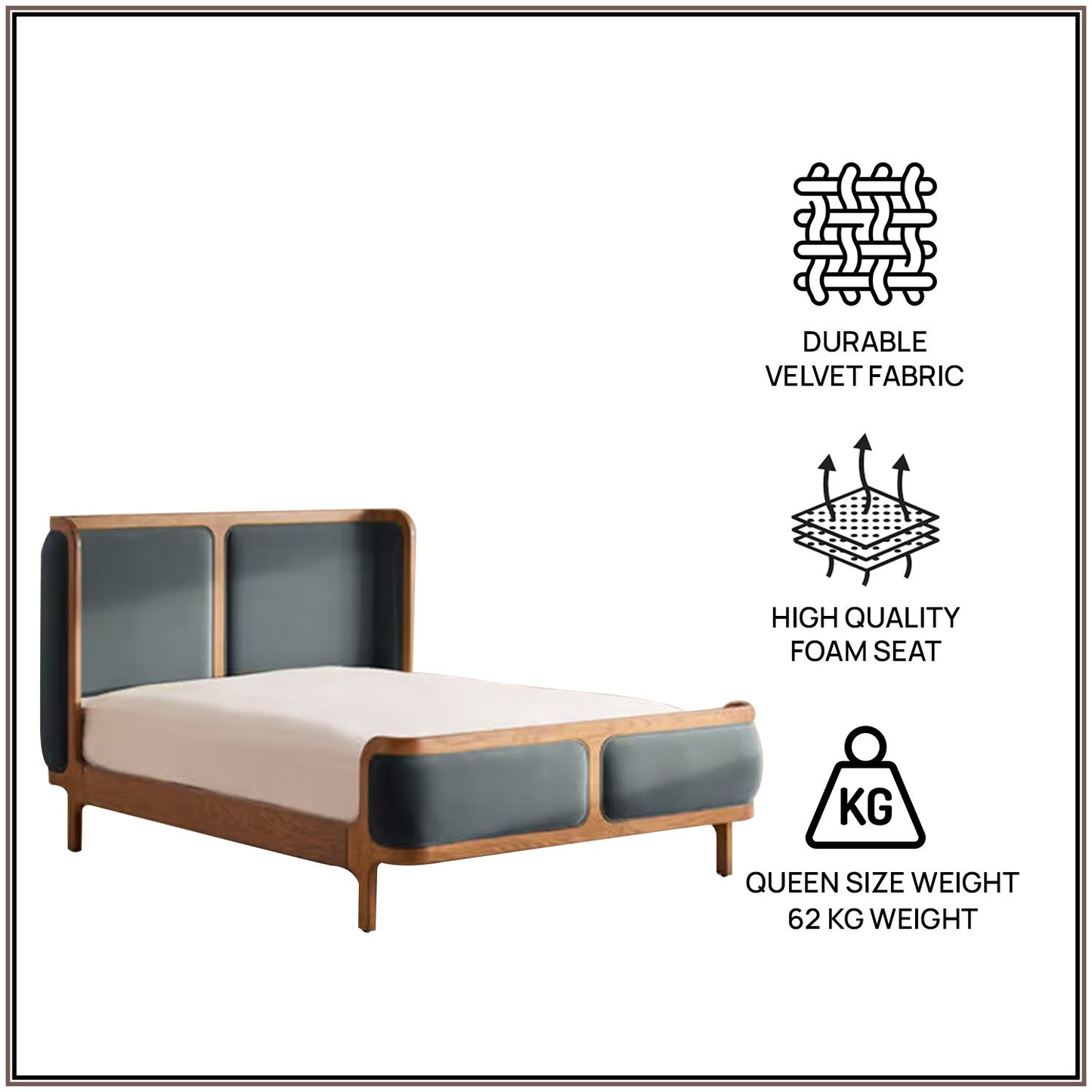 Valerio Duo-Panel Luxe Queen Size Bed in Grey Blue Velvet with Oak wood Frame