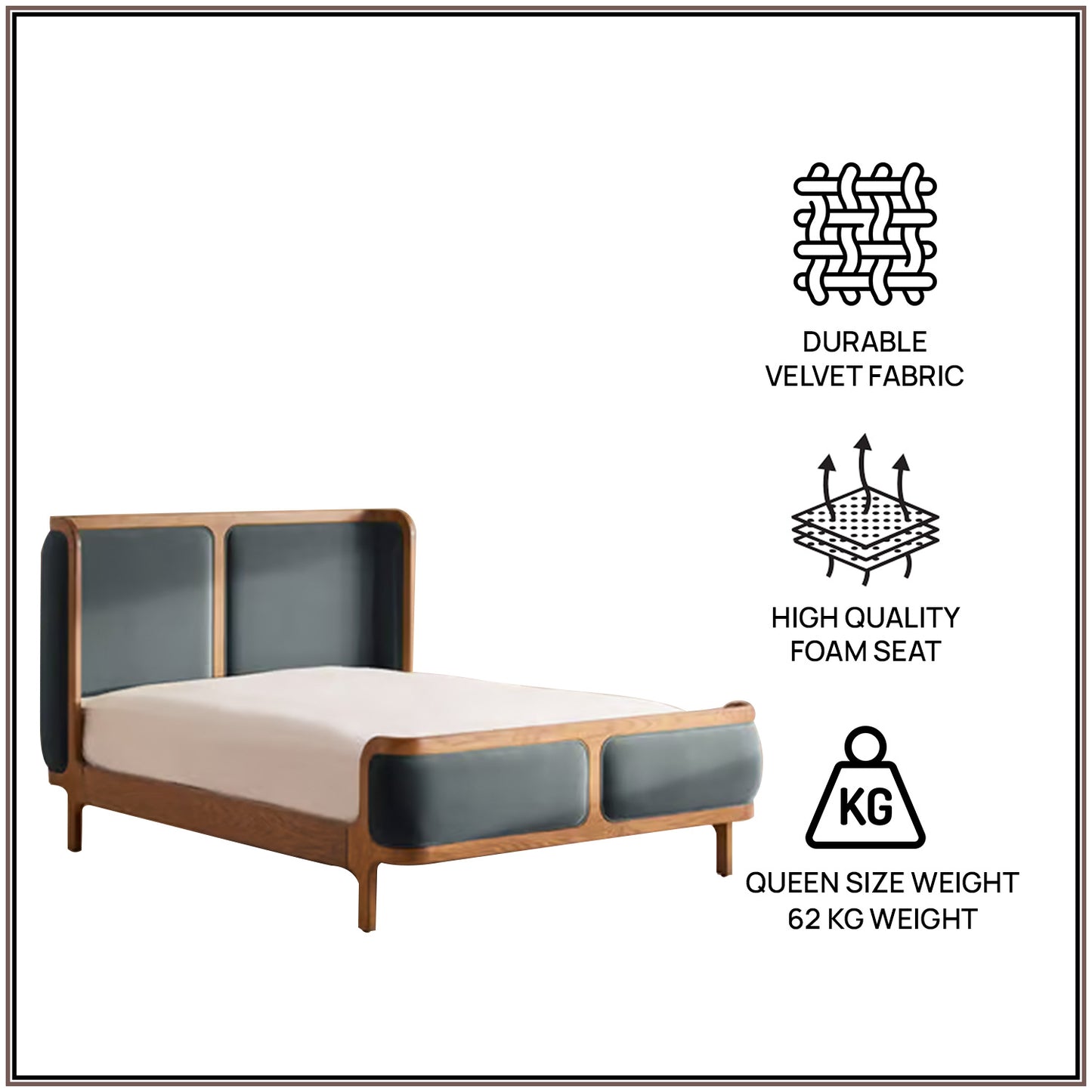 Valerio Duo-Panel Luxe Queen Size Bed in Grey Blue Velvet with Oak wood Frame & Hydraulic Storage
