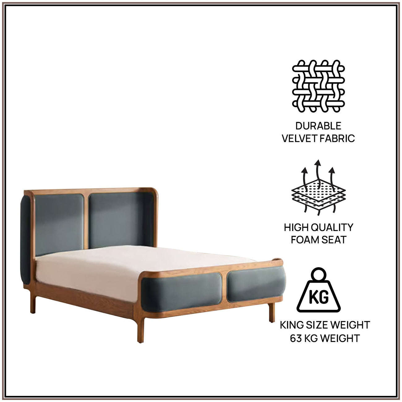 Valerio Duo-Panel Luxe King Size Bed in Grey Blue Velvet with Oak wood Frame