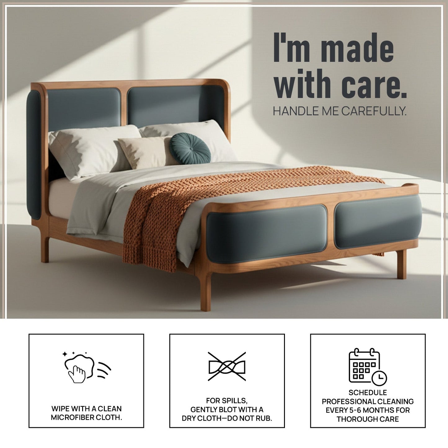 Valerio Duo-Panel Luxe Queen Size Bed in Grey Blue Velvet with Oak wood Frame