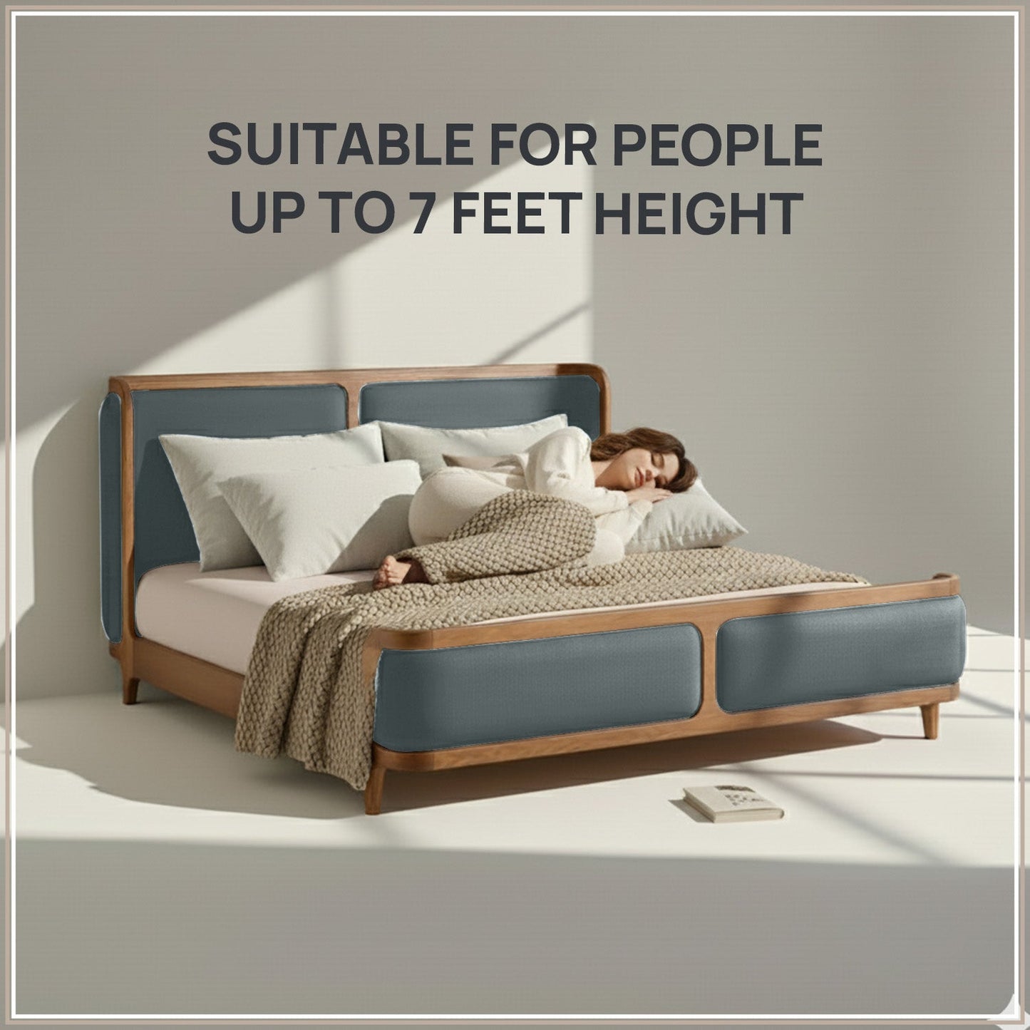 Valerio Duo-Panel Luxe Queen Size Bed in Grey Blue Velvet with Oak wood Frame