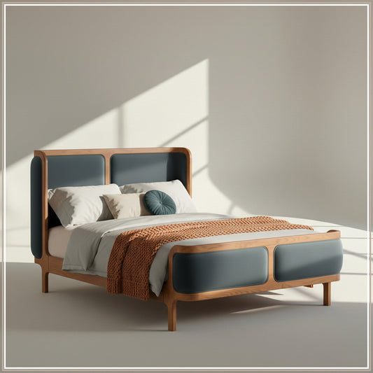 Valerio Duo-Panel Luxe King Size Bed in Grey Blue Velvet with Oak wood Frame