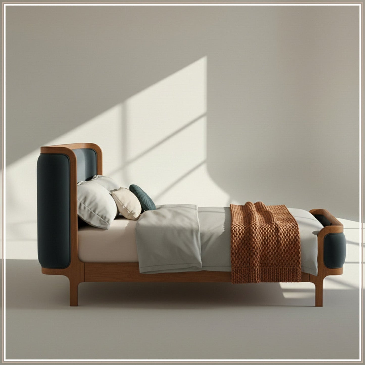 Valerio Duo-Panel Luxe Queen Size Bed in Grey Blue Velvet with Oak wood Frame