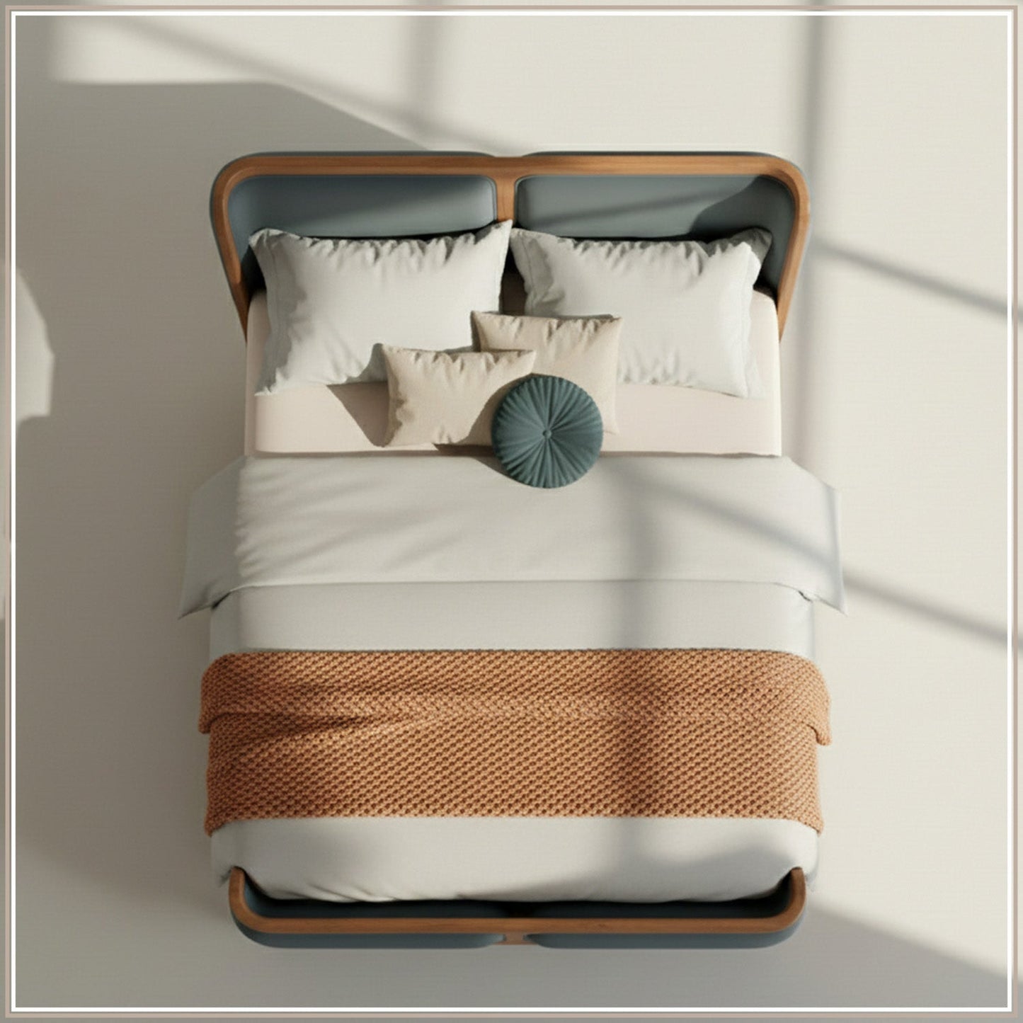 Valerio Duo-Panel Luxe Queen Size Bed in Grey Blue Velvet with Oak wood Frame