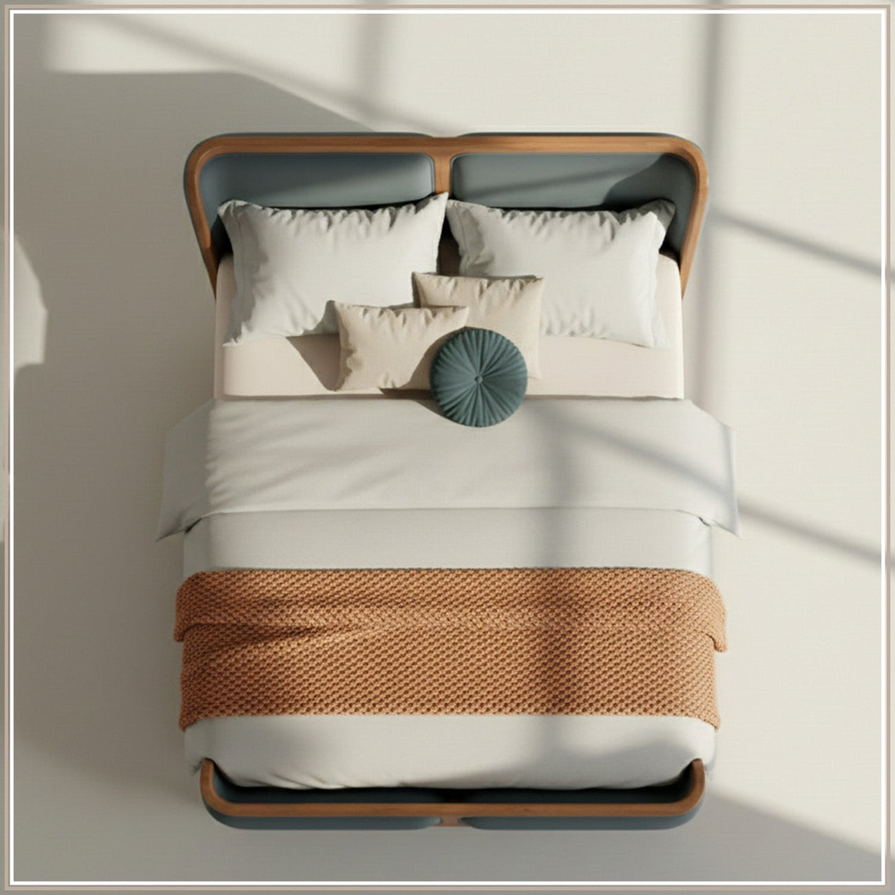 Valerio Duo-Panel Luxe Queen Size Bed in Grey Blue Velvet with Oak wood Frame
