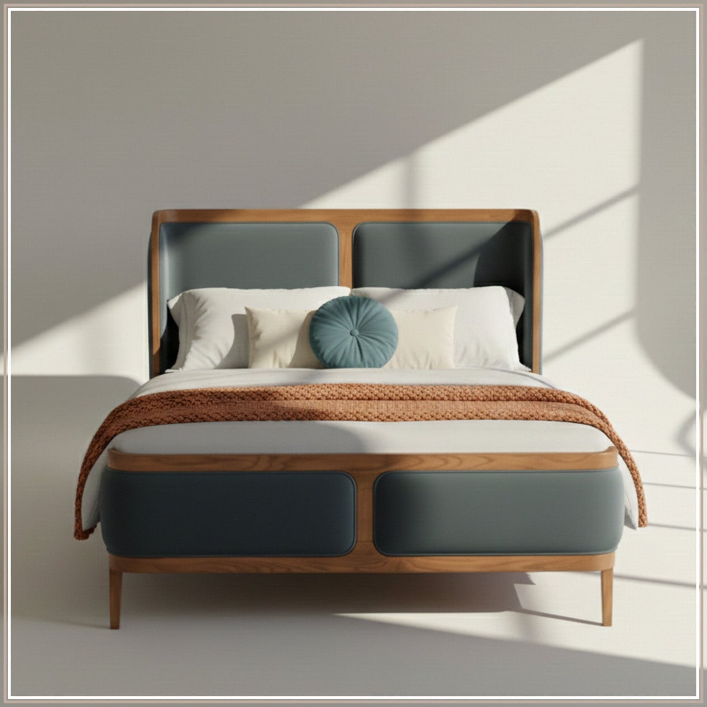 Valerio Duo-Panel Luxe King Size Bed in Grey Blue Velvet with Oak wood Frame