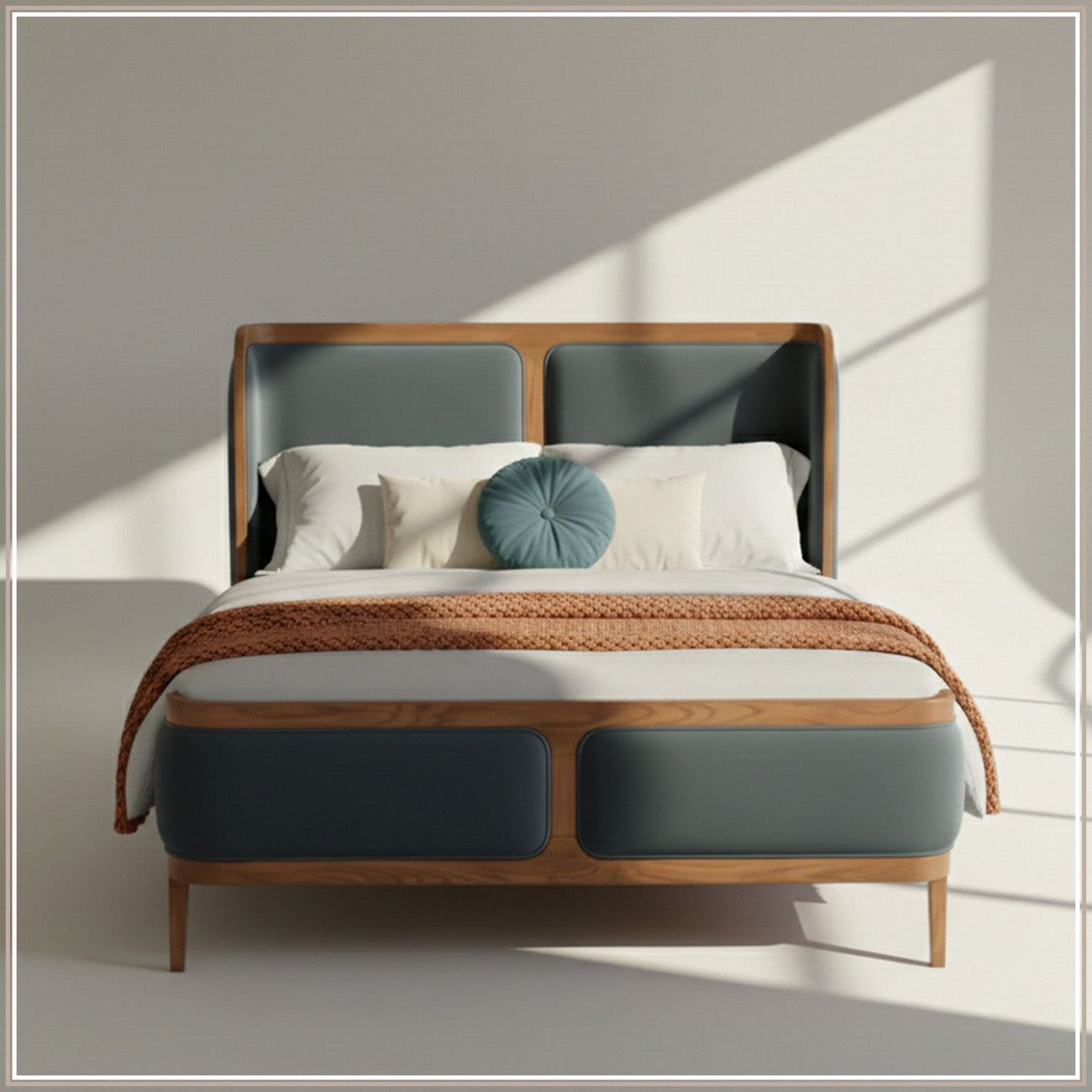Valerio Duo-Panel Luxe King Size Bed in Grey Blue Velvet with Oak wood Frame