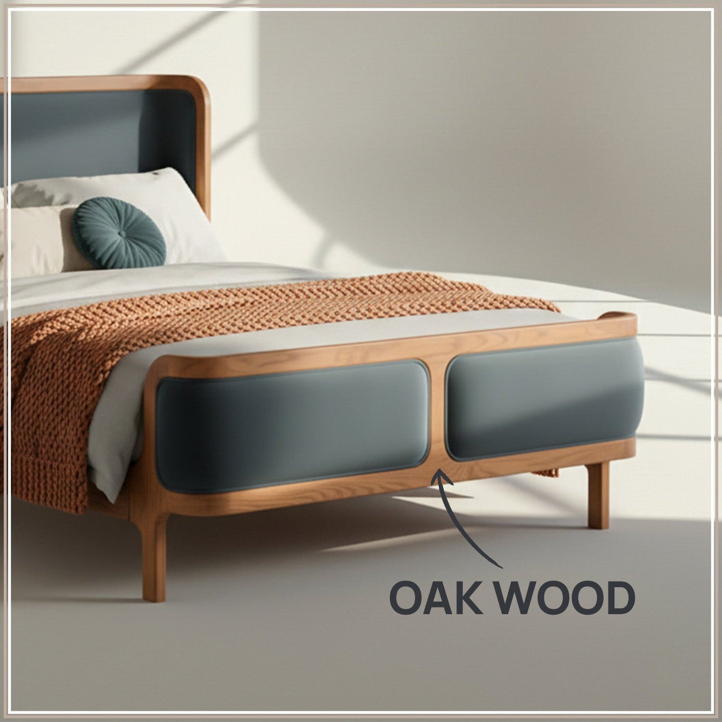 Valerio Duo-Panel Luxe Queen Size Bed in Grey Blue Velvet with Oak wood Frame