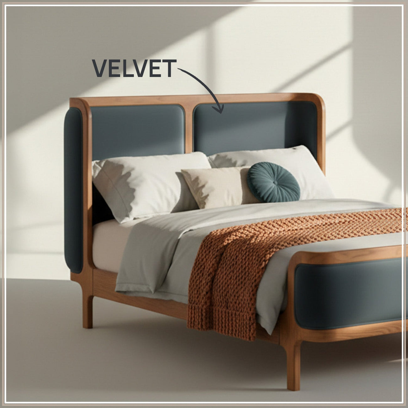 Valerio Duo-Panel Luxe King Size Bed in Grey Blue Velvet with Oak wood Frame