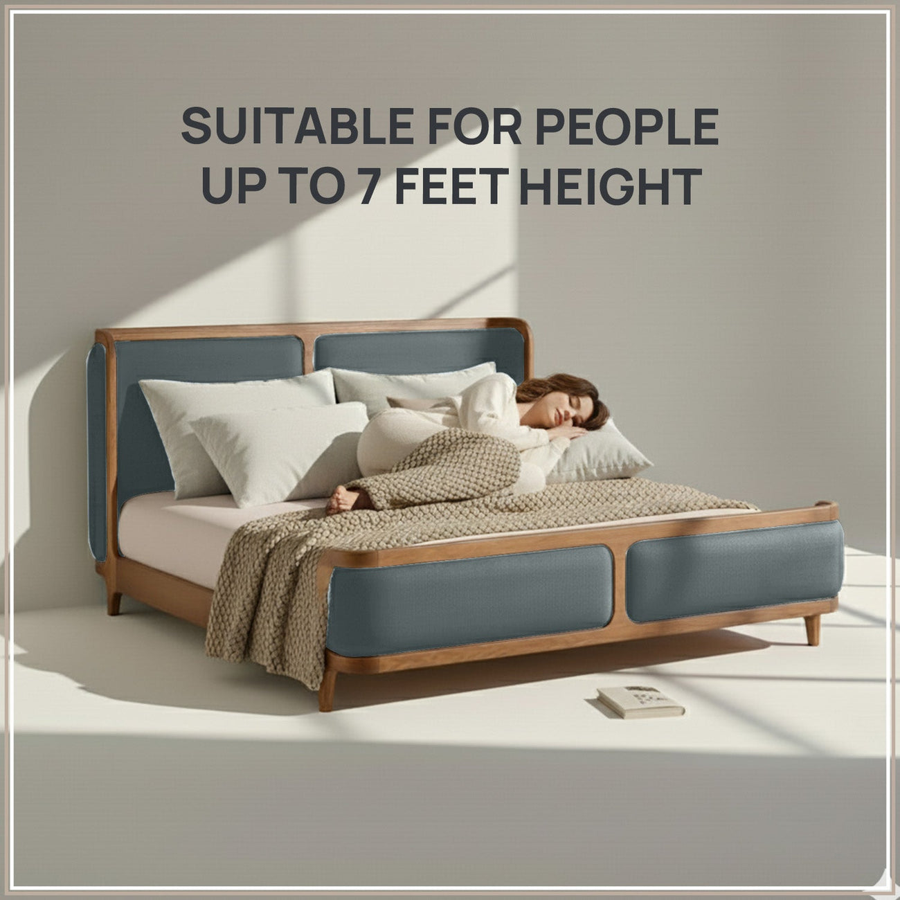 Valerio Duo-Panel Luxe King Size Bed in Grey Blue Velvet with Oak wood Frame