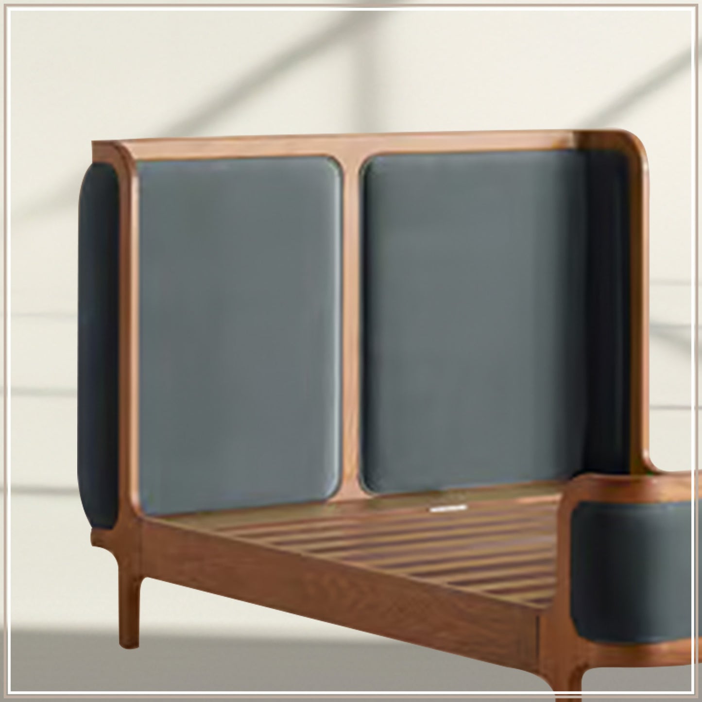 Valerio Duo-Panel Luxe Queen Size Bed in Grey Blue Velvet with Oak wood Frame & Hydraulic Storage