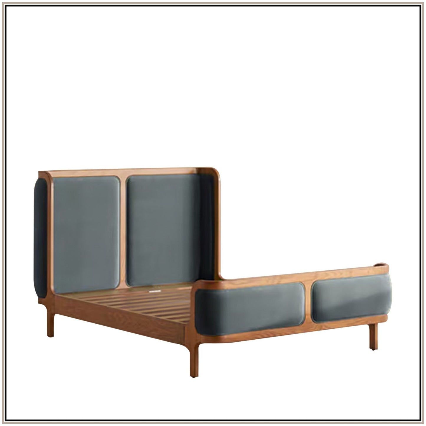 Valerio Duo-Panel Luxe King Size Bed in Grey Blue Velvet with Oak wood Frame
