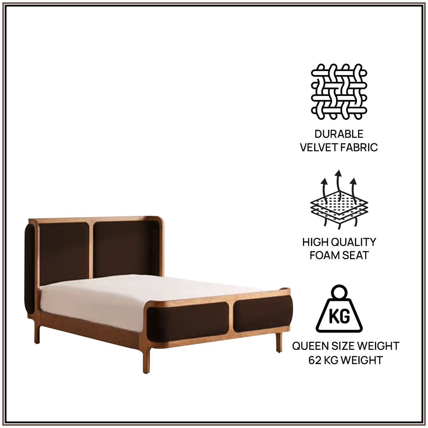 Valerio Duo-Panel Luxe Queen Size Bed in Chocolate Brown Velvet with Oak wood Frame