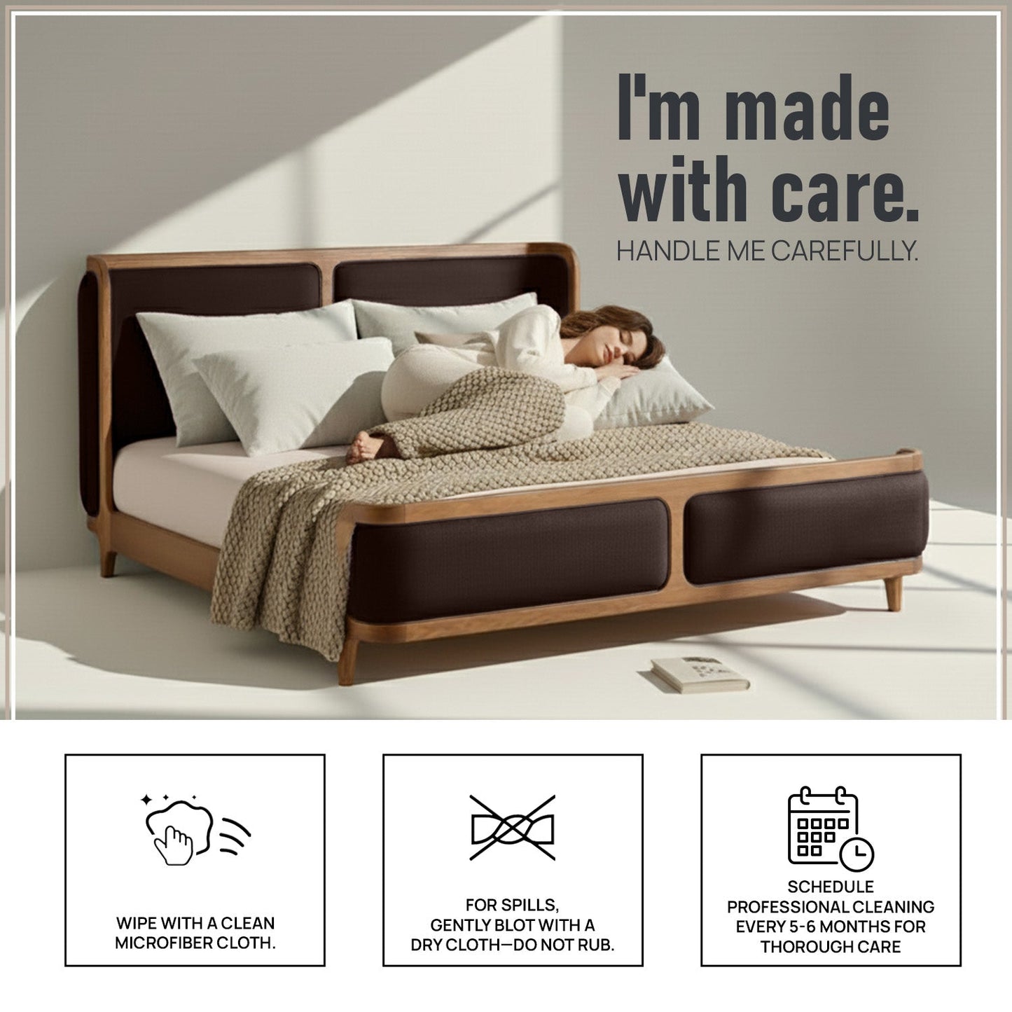 Valerio Duo-Panel Luxe Queen Size Bed in Chocolate Brown Velvet with Oak wood Frame
