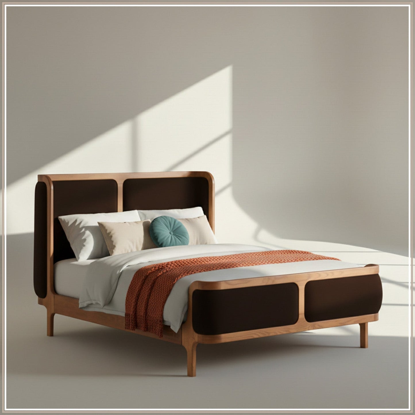 Valerio Duo-Panel Luxe Queen Size Bed in Chocolate Brown Velvet with Oak wood Frame
