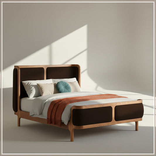 Valerio Duo-Panel Luxe Queen Size Bed in Chocolate Brown Velvet with Oak wood Frame