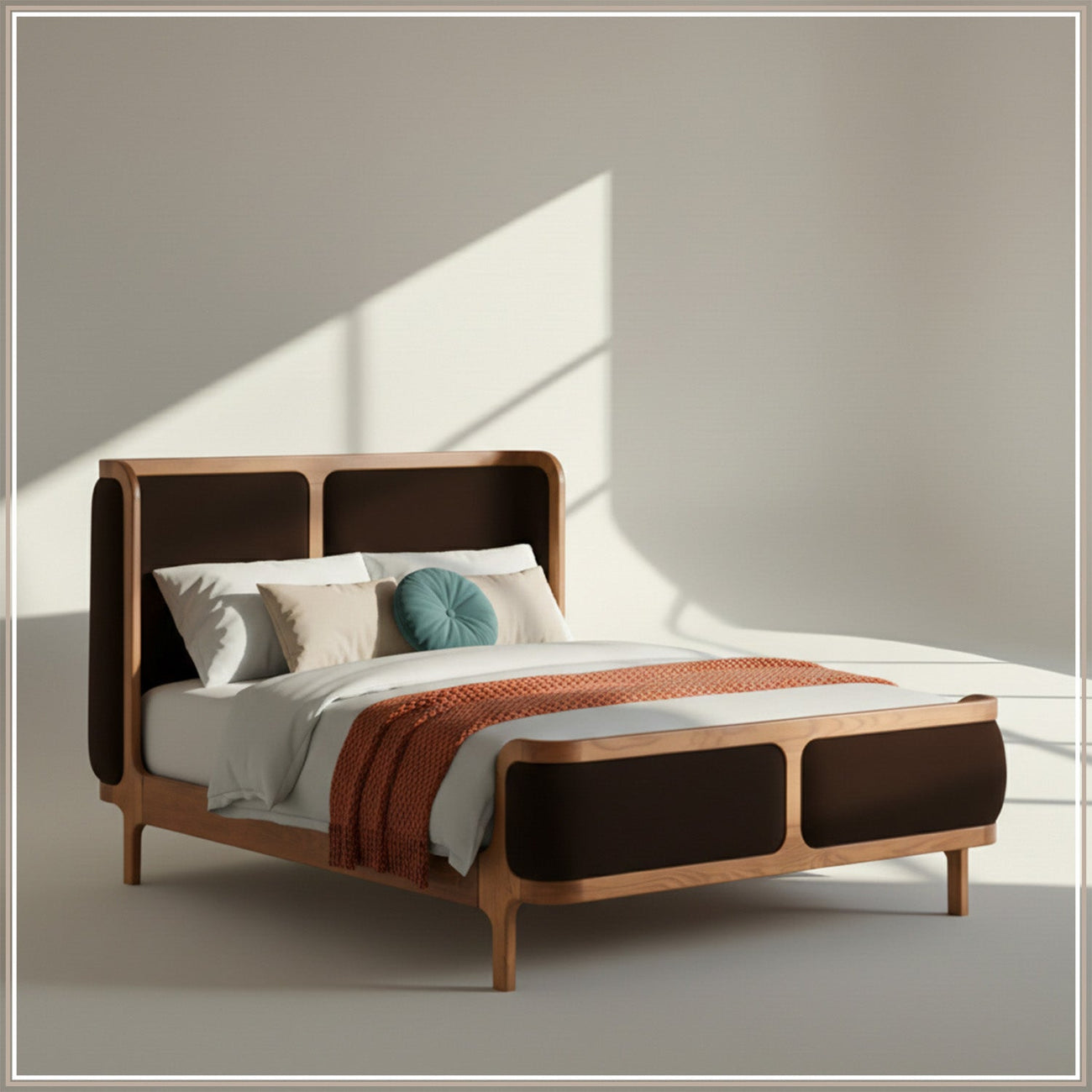 Valerio Duo-Panel Luxe Queen Size Bed in Chocolate Brown Velvet with Oak wood Frame
