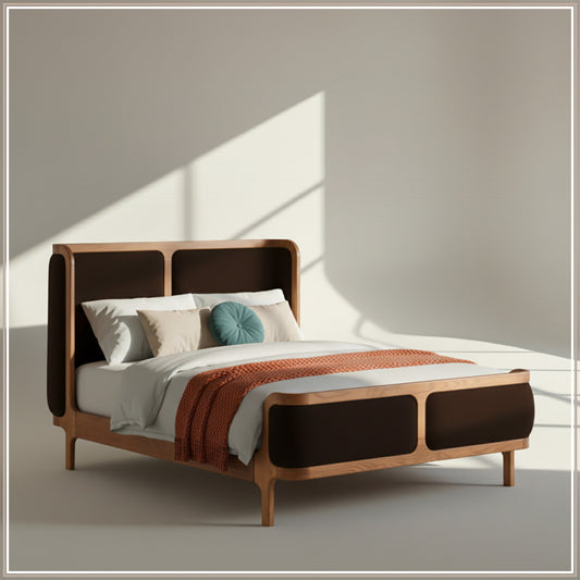 Valerio Duo-Panel Luxe Queen Size Bed in Chocolate Brown Velvet with Oak wood Frame & Hydraulic Storage
