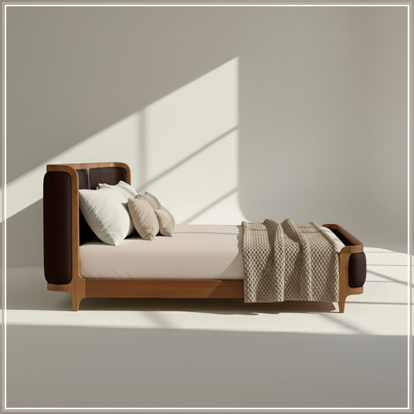 Valerio Duo-Panel Luxe Queen Size Bed in Chocolate Brown Velvet with Oak wood Frame