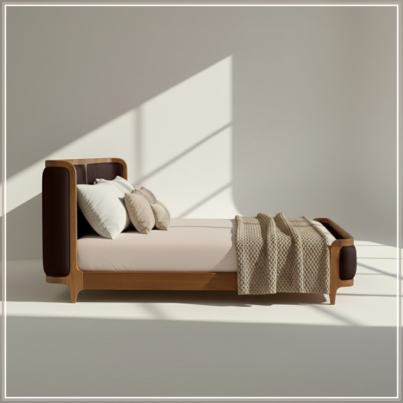 Valerio Duo-Panel Luxe Queen Size Bed in Chocolate Brown Velvet with Oak wood Frame
