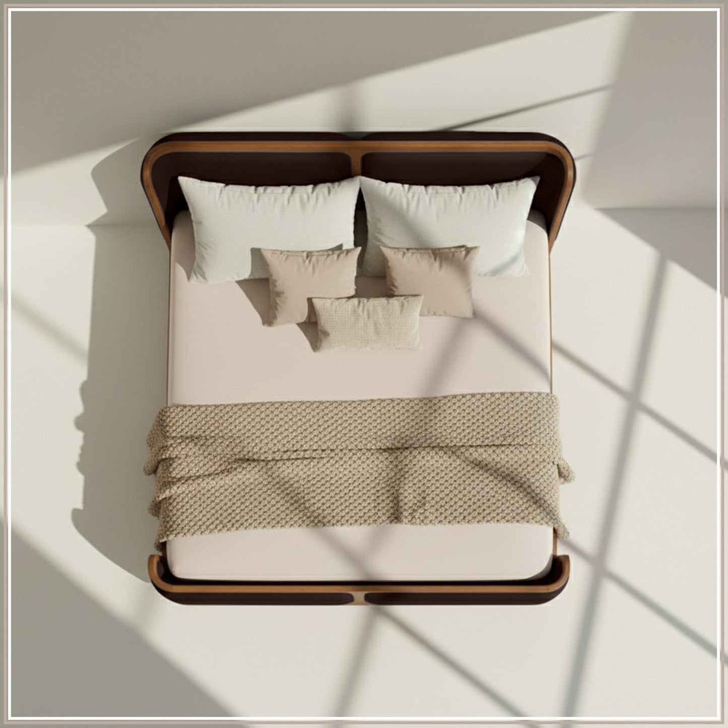 Valerio Duo-Panel Luxe Queen Size Bed in Chocolate Brown Velvet with Oak wood Frame