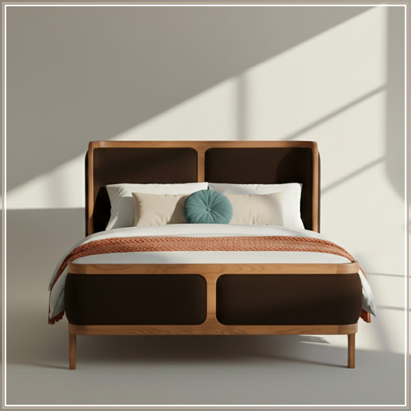 Valerio Duo-Panel Luxe Queen Size Bed in Chocolate Brown Velvet with Oak wood Frame