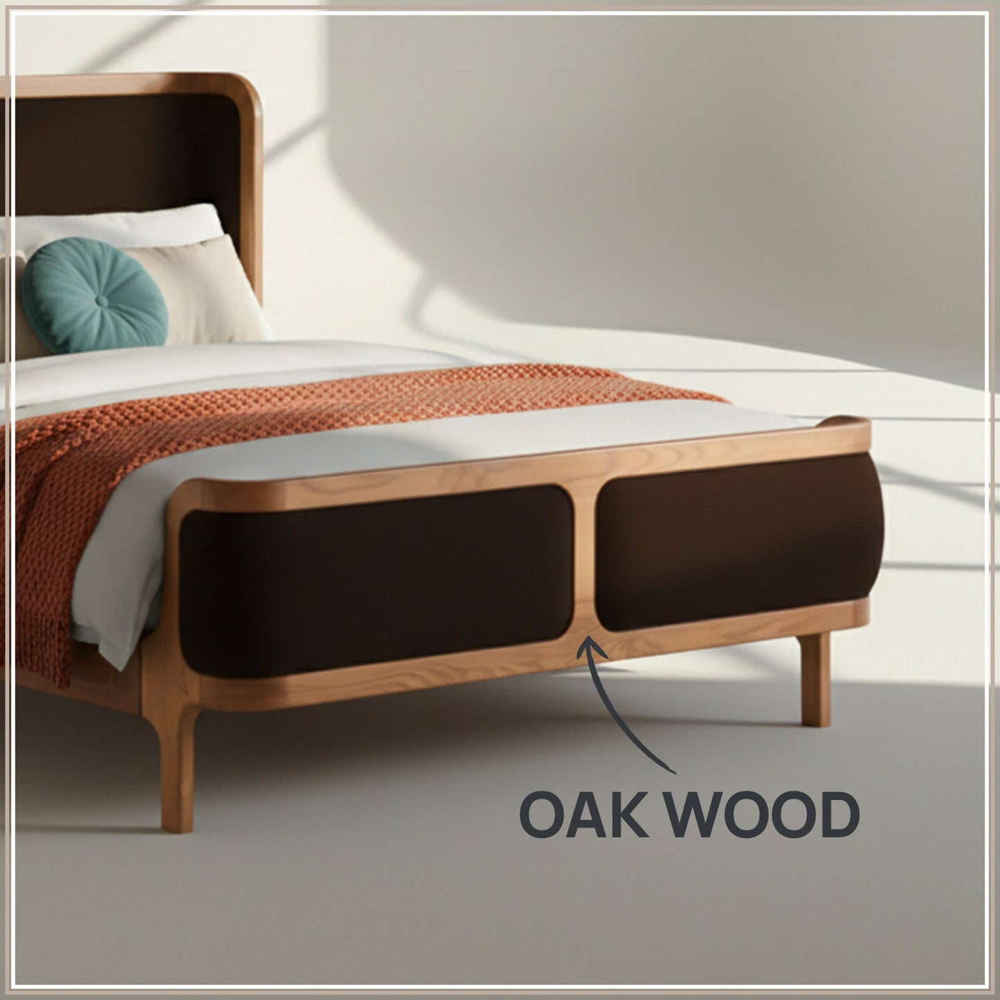 Valerio Duo-Panel Luxe Queen Size Bed in Chocolate Brown Velvet with Oak wood Frame