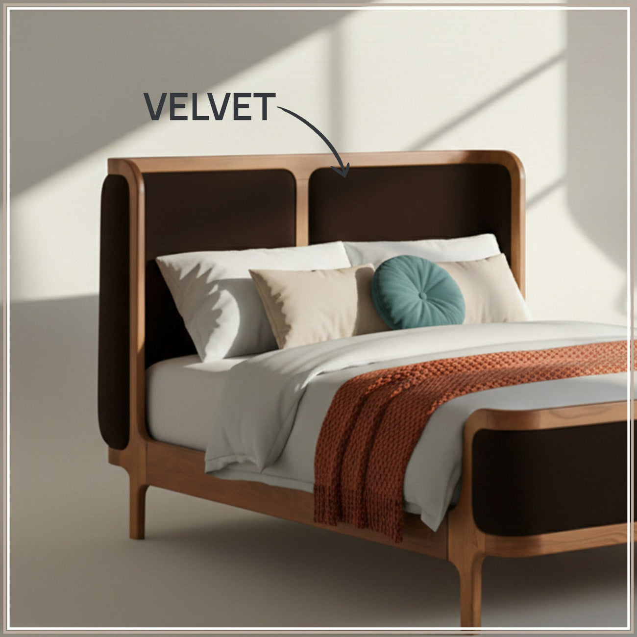 Valerio Duo-Panel Luxe Queen Size Bed in Chocolate Brown Velvet with Oak wood Frame