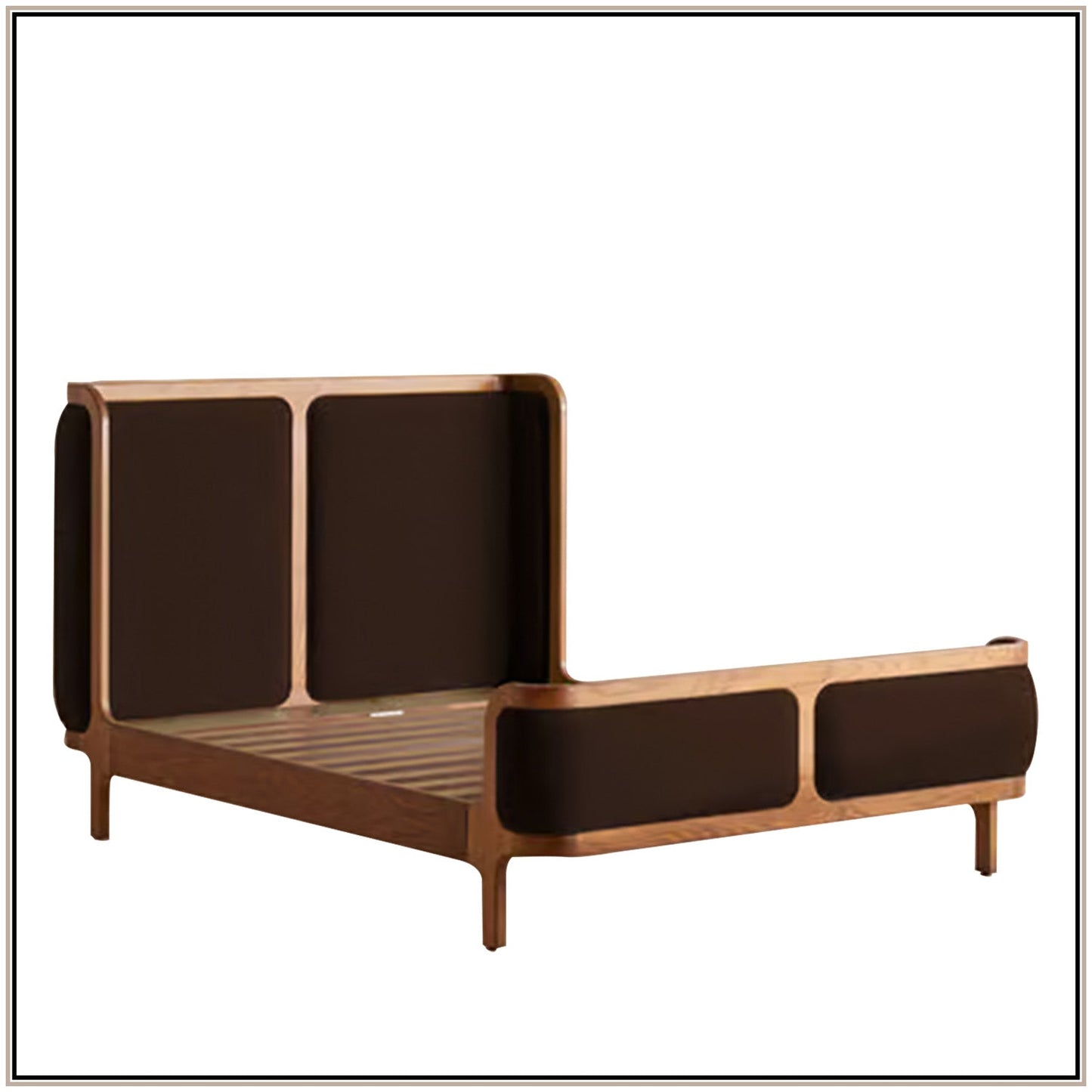 Valerio Duo-Panel Luxe Queen Size Bed in Chocolate Brown Velvet with Oak wood Frame