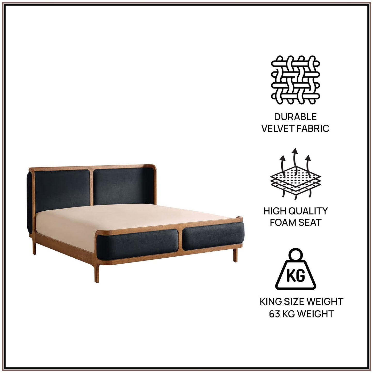 Valerio Duo-Panel Luxe King Size Bed in Navy Blue Velvet with Oak wood Frame