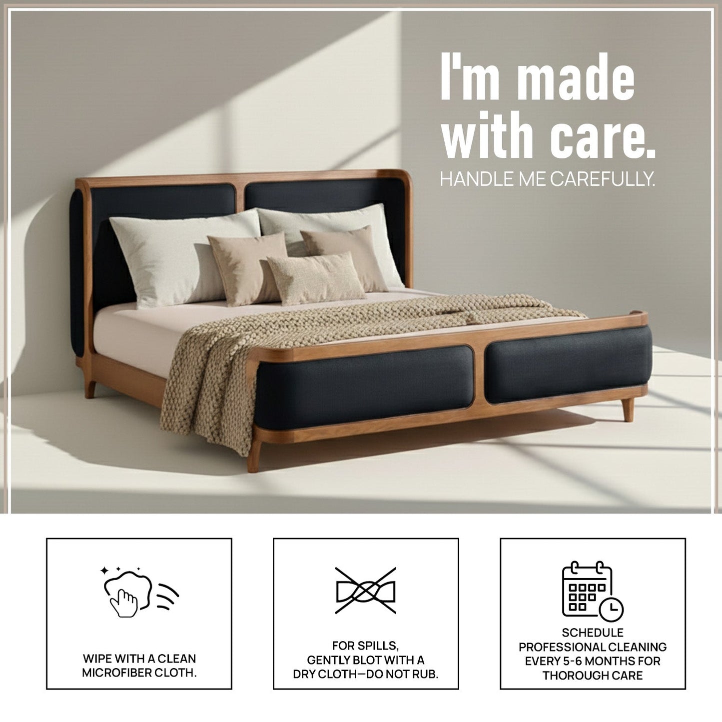 Valerio Duo-Panel Luxe King Size Bed in Navy Blue Velvet with Oak wood Frame