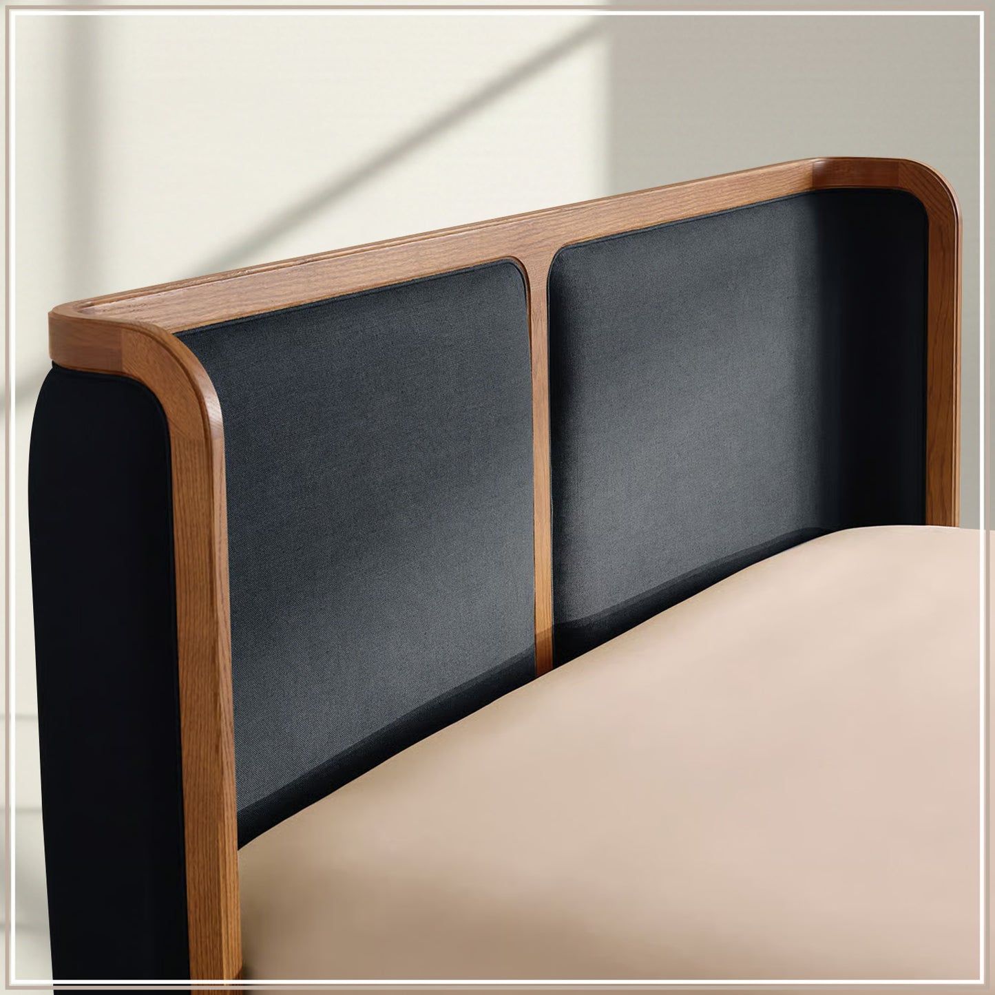 Valerio Duo-Panel Luxe King Size Bed in Navy Blue Velvet with Oak wood Frame & Hydraulic Storage