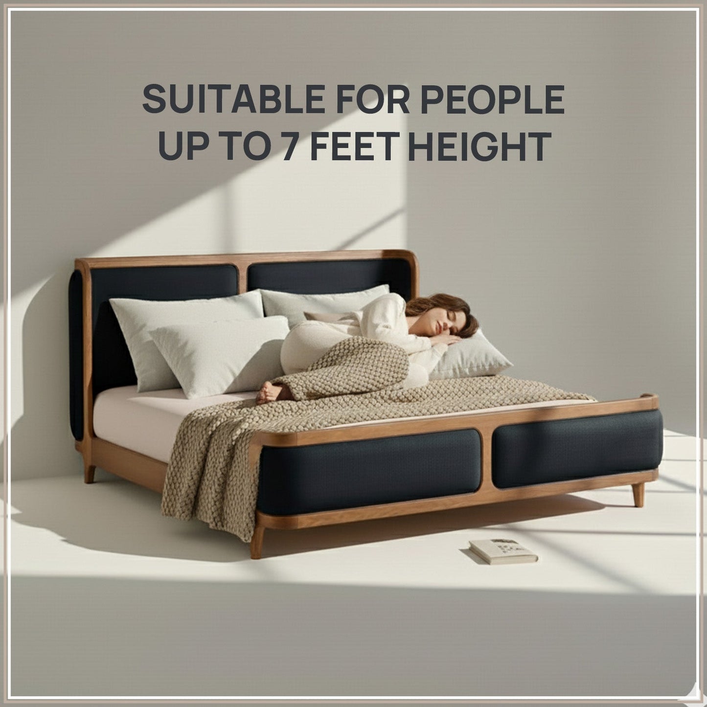 Valerio Duo-Panel Luxe Queen Size Bed in Navy Blue Velvet with Oak wood Frame