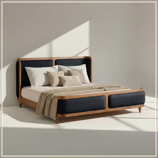 Valerio Duo-Panel Luxe Queen Size Bed in Navy Blue Velvet with Oak wood Frame & Hydraulic Storage