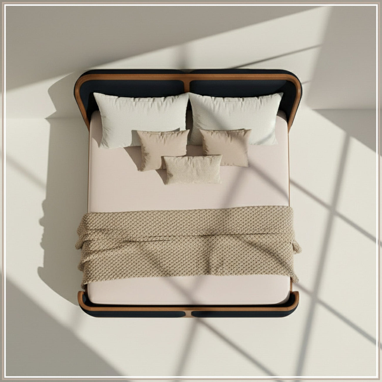 Valerio Duo-Panel Luxe Queen Size Bed in Navy Blue Velvet with Oak wood Frame
