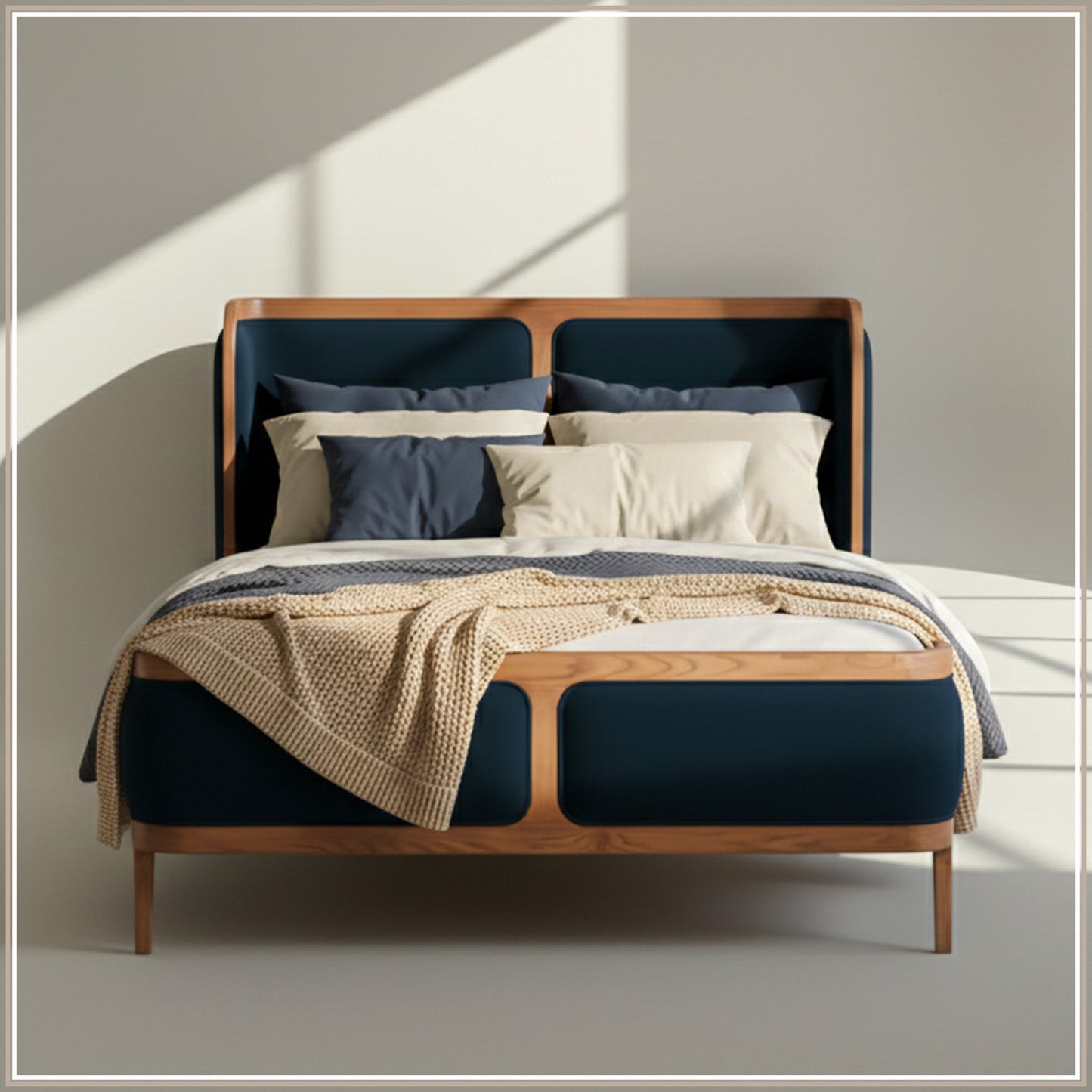 Valerio Duo-Panel Luxe King Size Bed in Navy Blue Velvet with Oak wood Frame & Hydraulic Storage