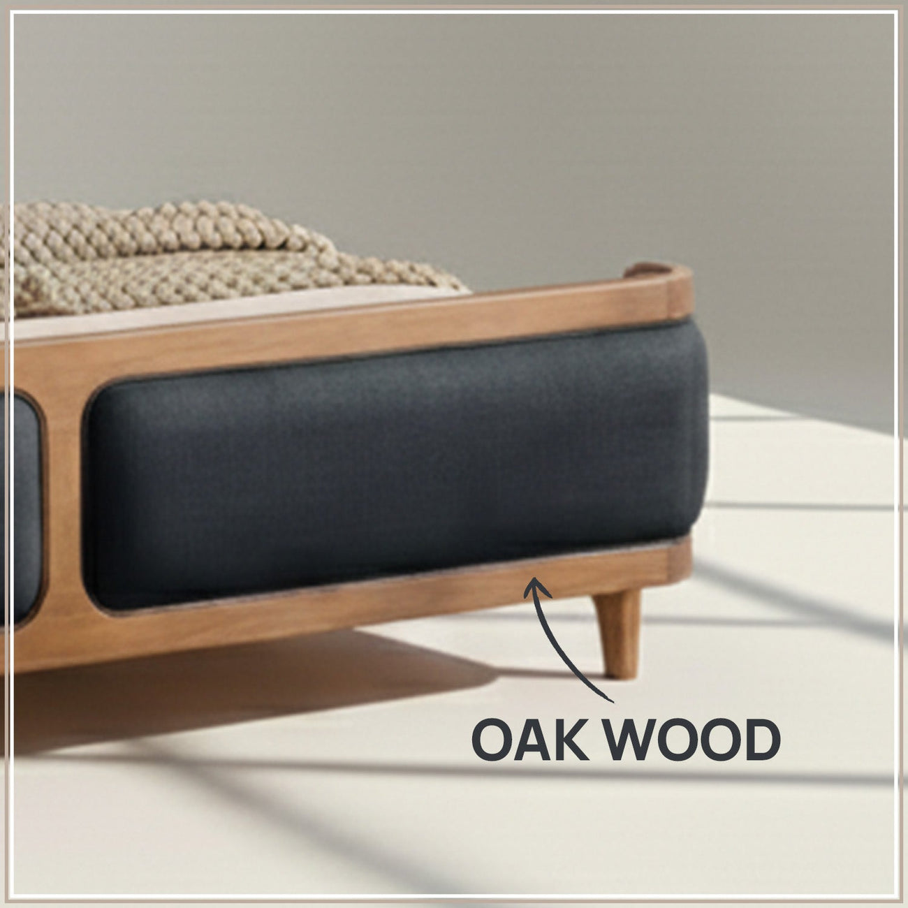 Valerio Duo-Panel Luxe Queen Size Bed in Navy Blue Velvet with Oak wood Frame