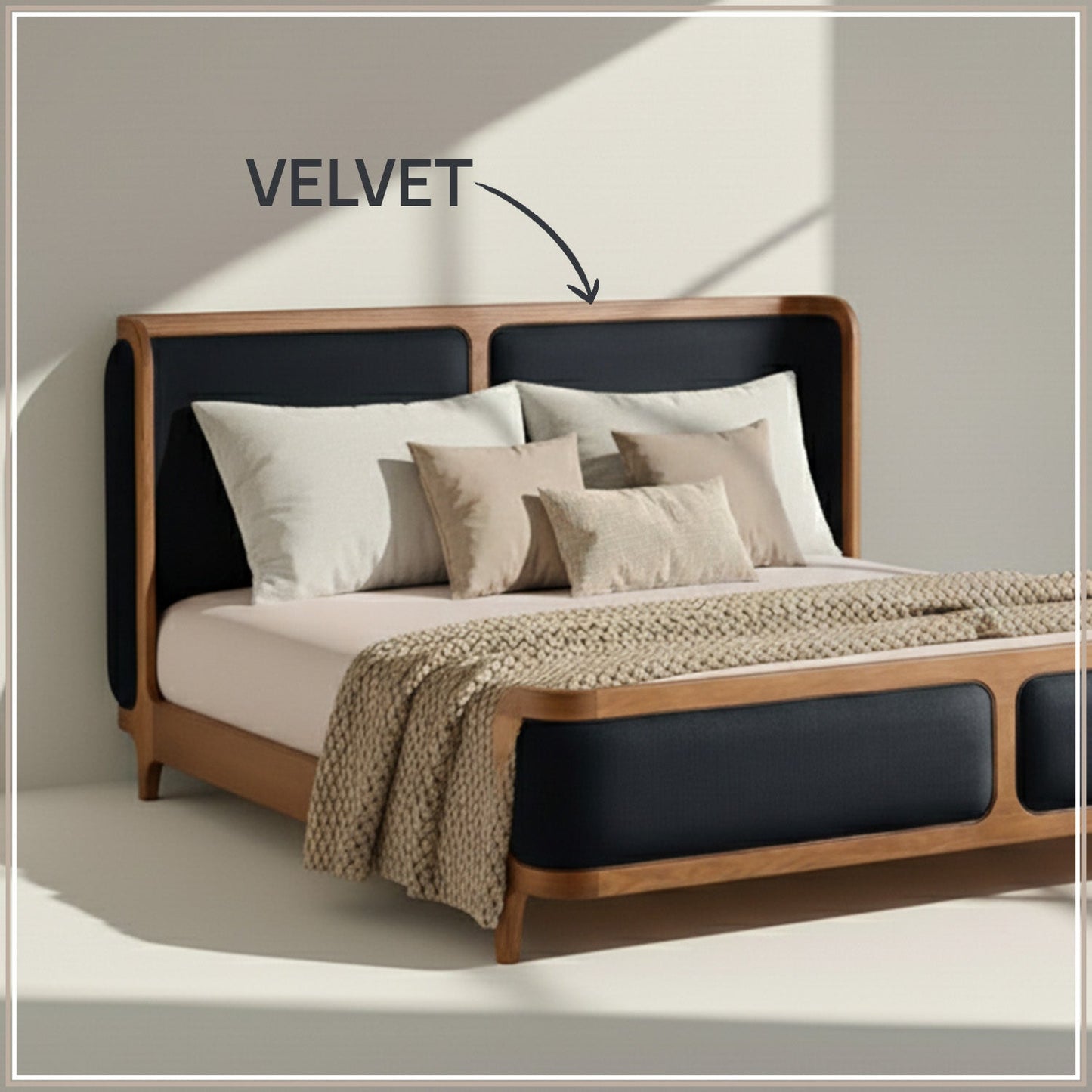 Valerio Duo-Panel Luxe Queen Size Bed in Navy Blue Velvet with Oak wood Frame